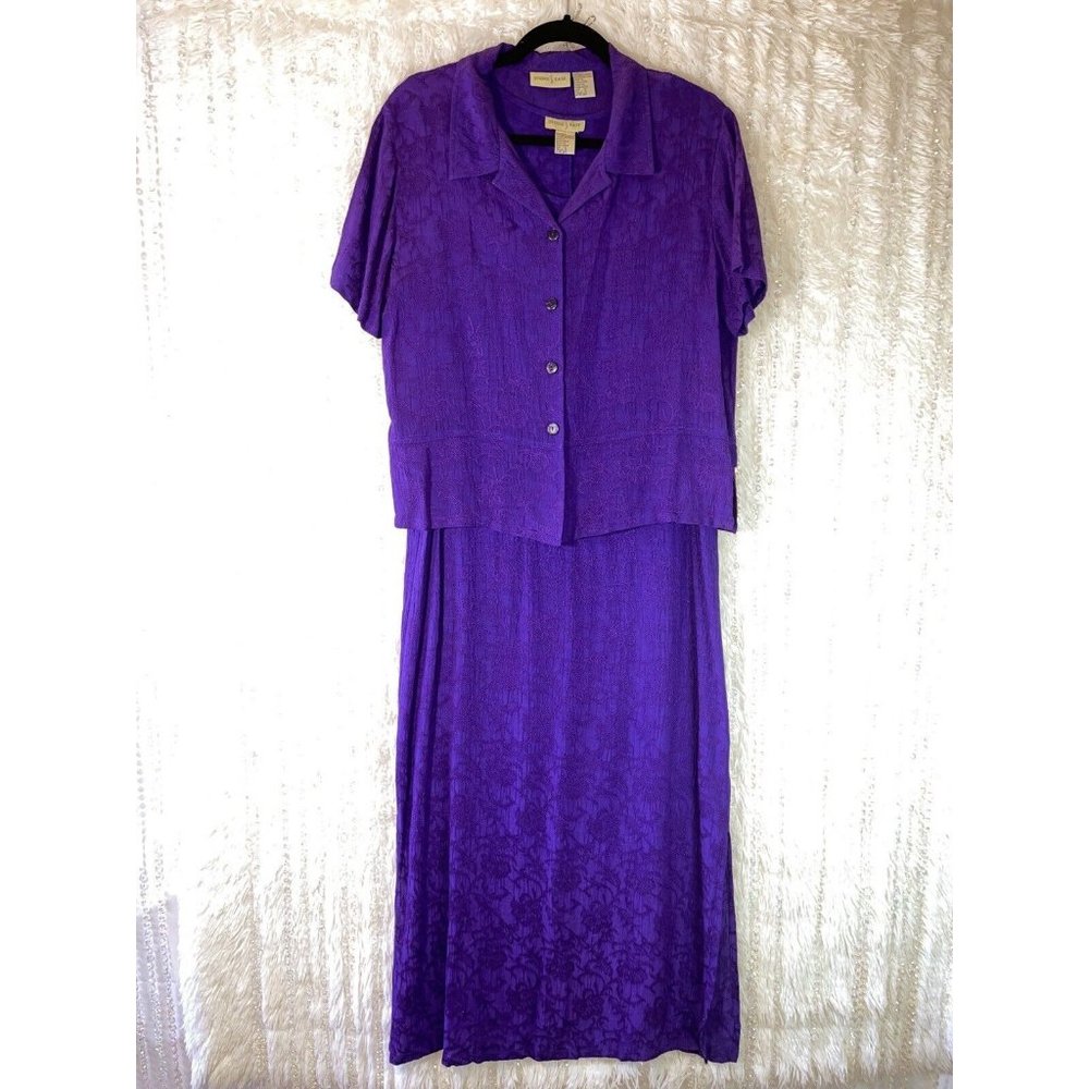 Studio Ease 2pc Blouse / Dress Womens Size 10 Indigo Short Sleeve Button Up VNTG